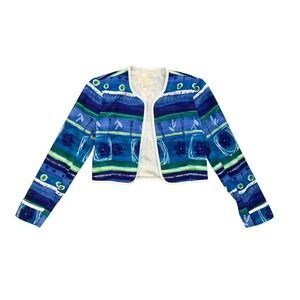 Vintage Y2K Cache‎ Women's Blue Floral Striped Open Front Jacket Size 4 Retro